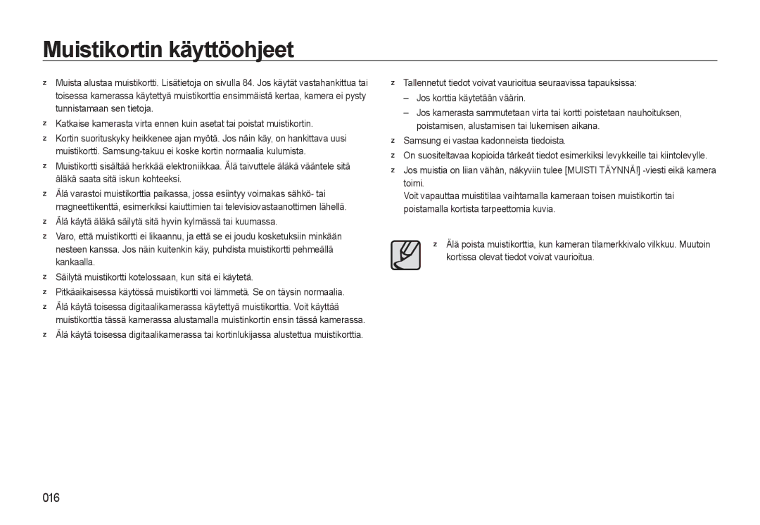 Samsung EC-WB550BBP/E2, EC-WB550ABP/E2 manual Muistikortin käyttöohjeet, Samsung ei vastaa kadonneista tiedoista 