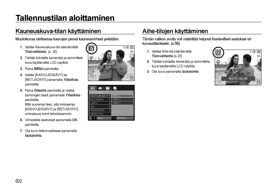 Samsung EC-WB550BBP/E2, EC-WB550ABP/E2 manual Kauneuskuva-tilan käyttäminen, Aihe-tilojen käyttäminen 