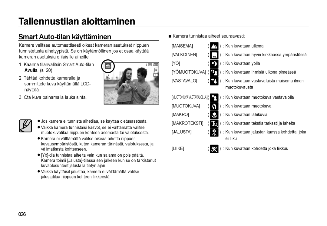 Samsung EC-WB550BBP/E2, EC-WB550ABP/E2 manual Smart Auto-tilan käyttäminen, Kamera tunnistaa aiheet seuraavasti 