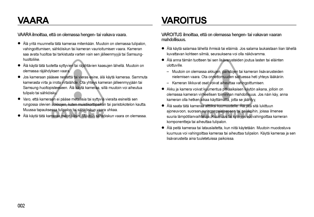 Samsung EC-WB550BBP/E2, EC-WB550ABP/E2 manual Vaara ilmoittaa, että on olemassa hengen- tai vakava vaara 