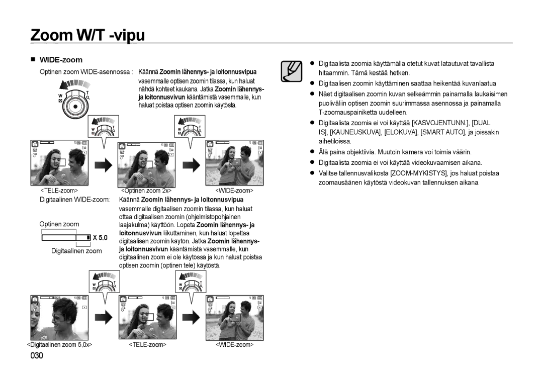 Samsung EC-WB550BBP/E2 manual WIDE-zoom, Optinen zoom Digitaalinen zoom, Käännä Zoomin lähennys- ja loitonnusvipua 