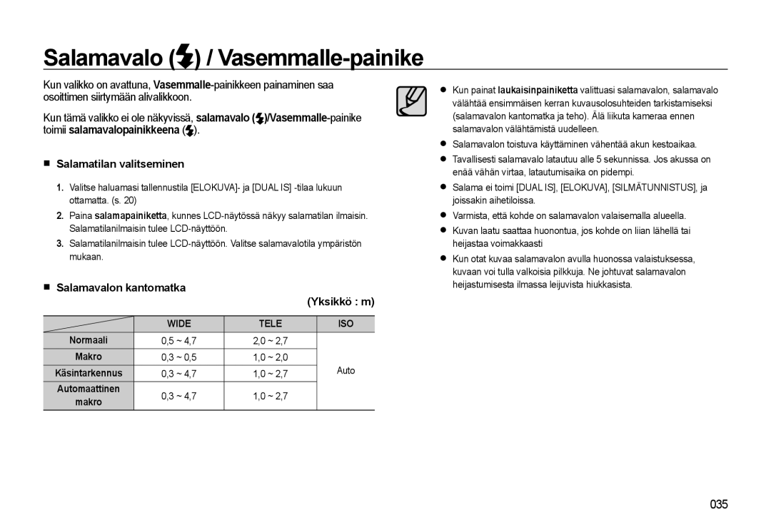 Samsung EC-WB550ABP/E2 manual Salamavalo / Vasemmalle-painike, Salamatilan valitseminen, Salamavalon kantomatka, Yksikkö m 