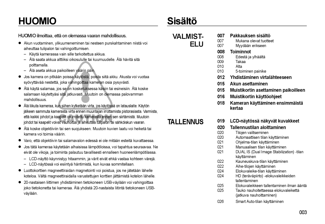 Samsung EC-WB550ABP/E2 Sisältö, Huomio ilmoittaa, että on olemassa vaaran mahdollisuus, Pakkauksen sisältö, Toiminnot 