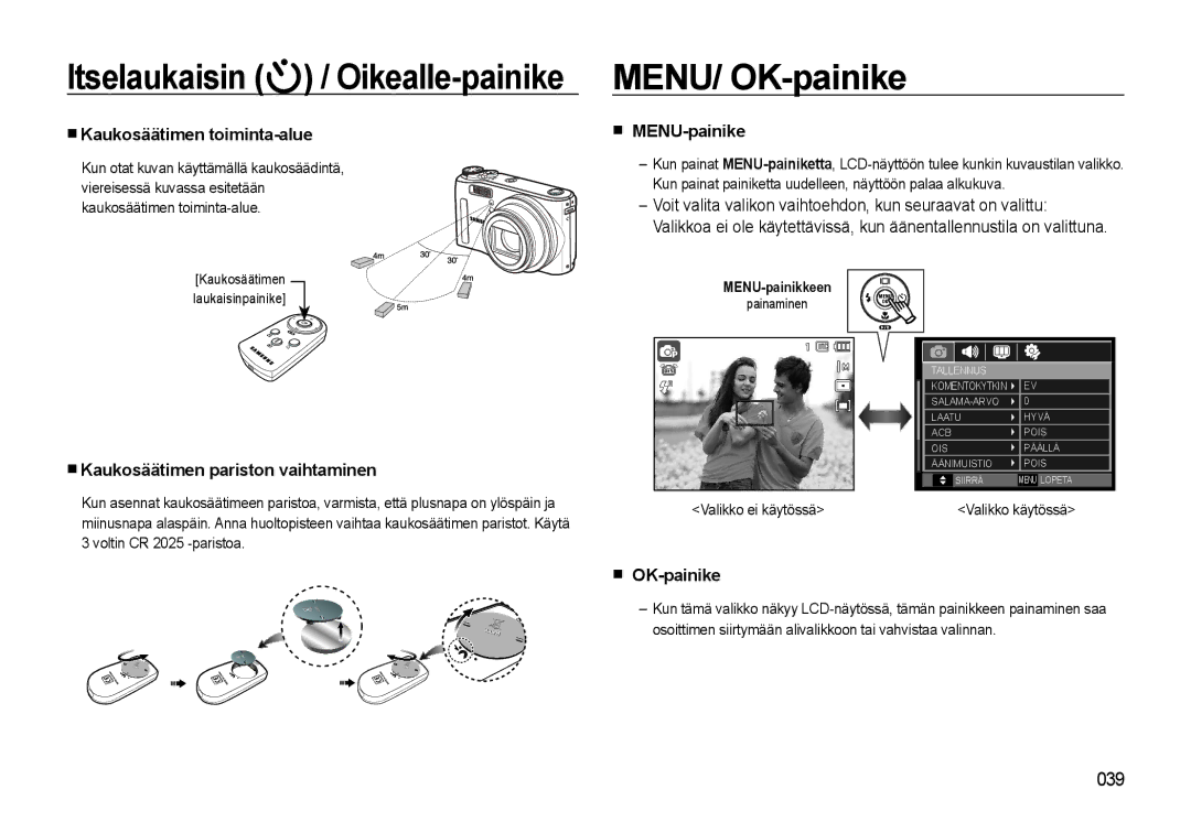 Samsung EC-WB550ABP/E2 MENU/ OK-painike, Kaukosäätimen toiminta-alue, MENU-painike, Kaukosäätimen pariston vaihtaminen 