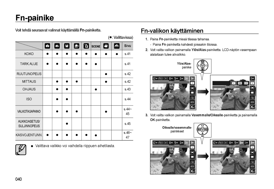 Samsung EC-WB550BBP/E2 manual Fn-painike, Fn-valikon käyttäminen, Valittava valikko voi vaihdella riippuen aihetilasta 