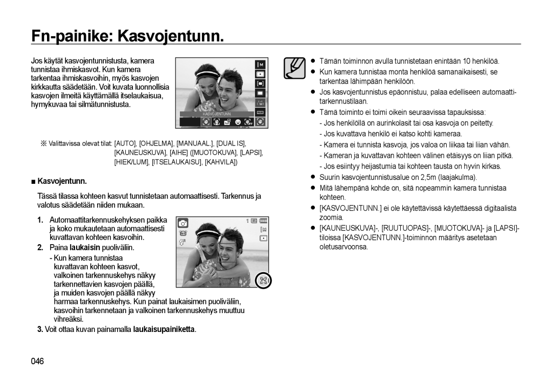 Samsung EC-WB550BBP/E2, EC-WB550ABP/E2 manual Fn-painike Kasvojentunn 