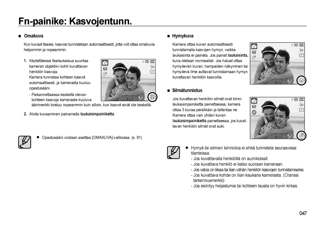 Samsung EC-WB550ABP/E2, EC-WB550BBP/E2 manual Omakuva, Hymykuva, Silmätunnistus 