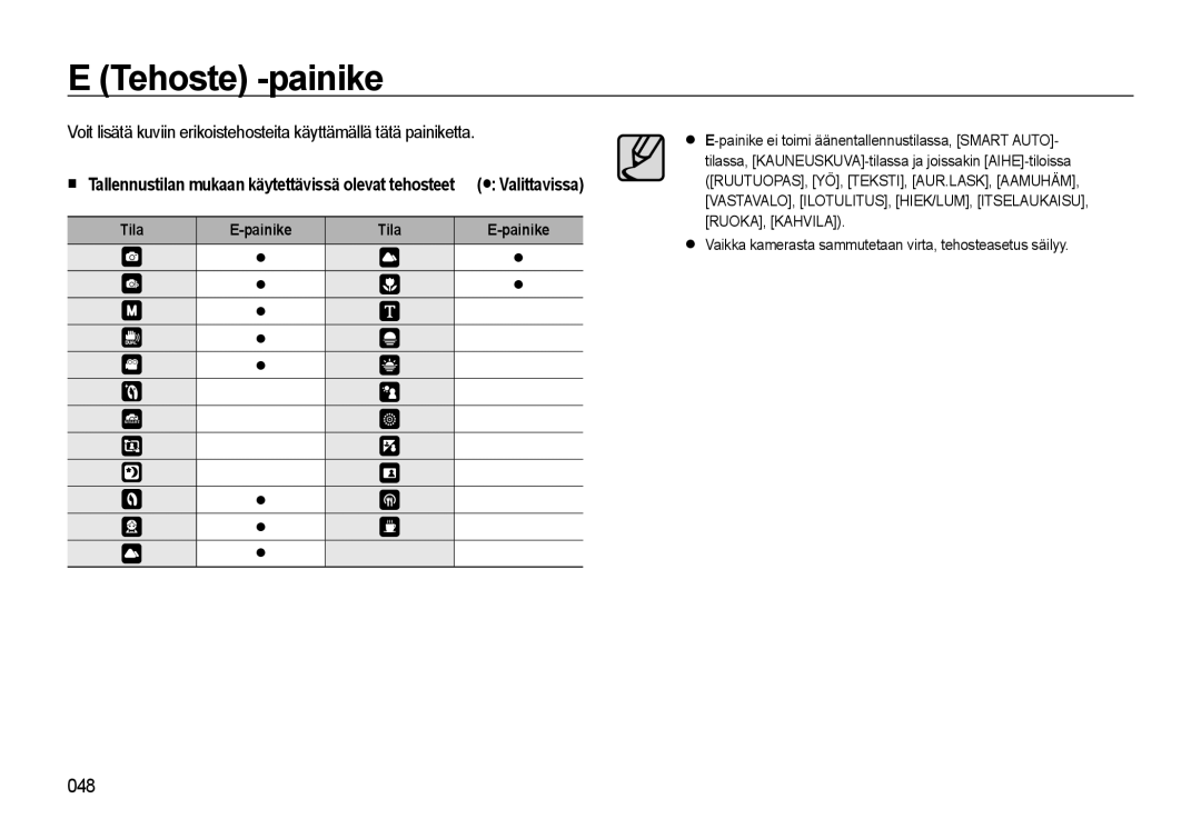 Samsung EC-WB550BBP/E2 manual Tehoste -painike, Tila Painike, Vaikka kamerasta sammutetaan virta, tehosteasetus säilyy 