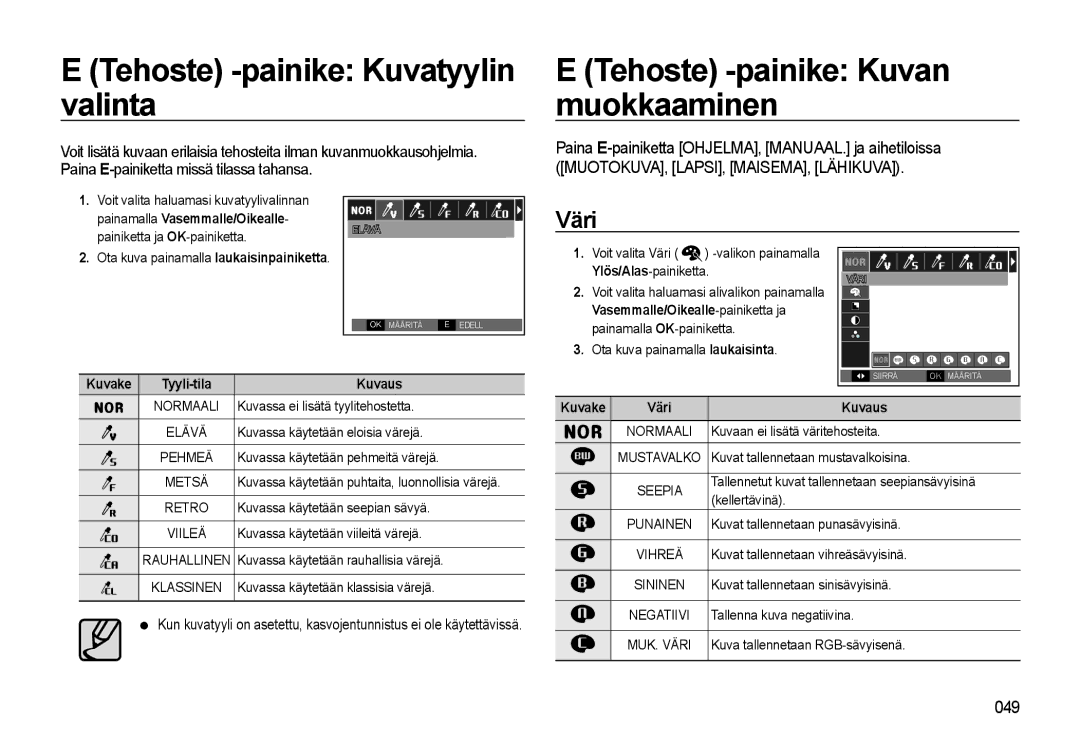 Samsung EC-WB550ABP/E2, EC-WB550BBP/E2 manual Tehoste -painike Kuvatyylin valinta, Tehoste -painike Kuvan muokkaaminen, Väri 