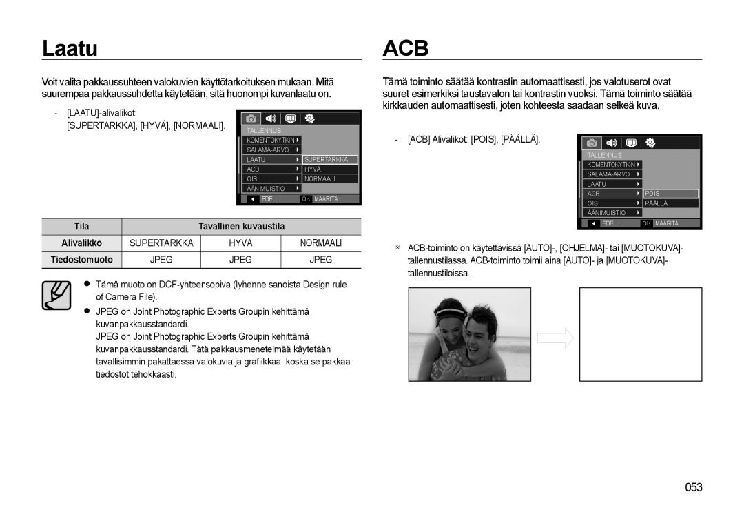 Samsung EC-WB550ABP/E2, EC-WB550BBP/E2 manual Laatu, ACB Alivalikot POIS, Päällä 