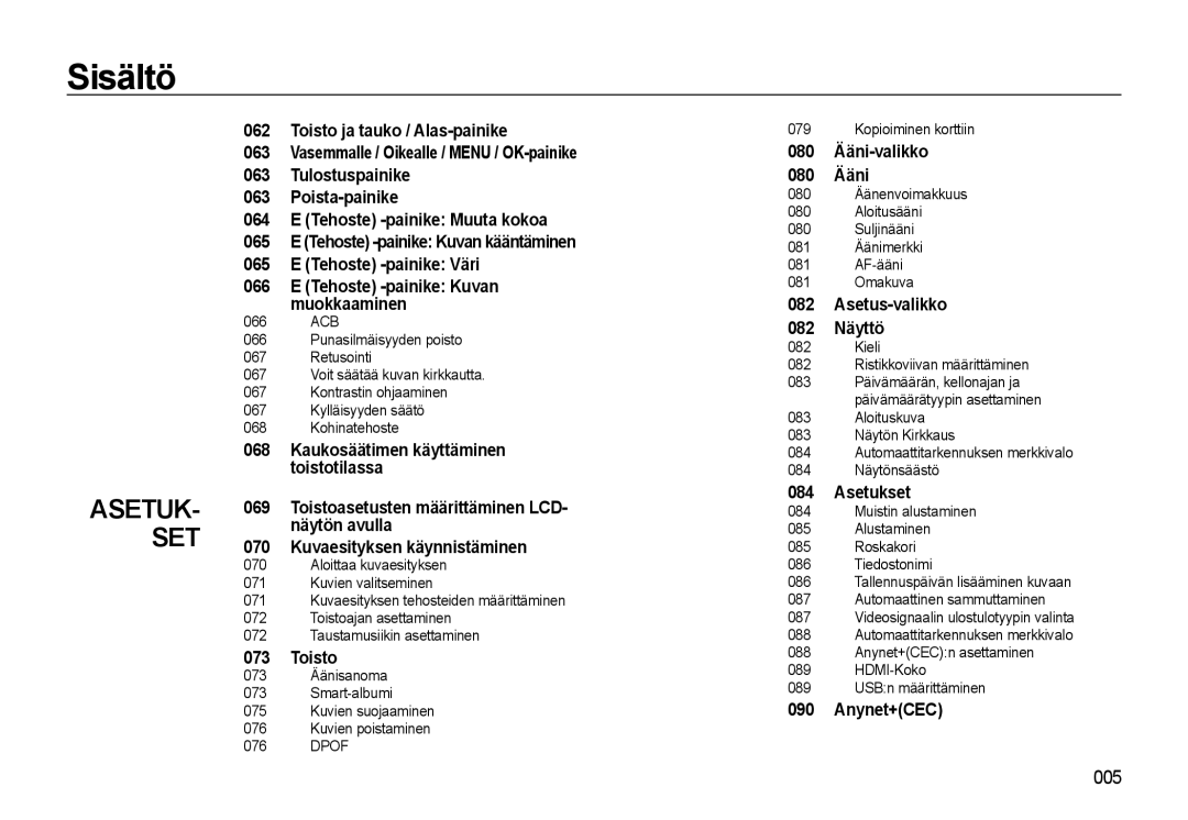 Samsung EC-WB550ABP/E2, EC-WB550BBP/E2 manual Toisto, 080 Ääni-valikko, Asetus-valikko 082 Näyttö, Asetukset, Anynet+CEC 