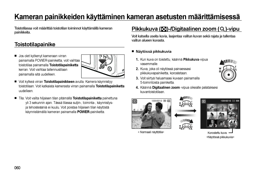 Samsung EC-WB550BBP/E2, EC-WB550ABP/E2 manual Toistotilapainike, Pikkukuva -/Digitaalinen zoom -vipu, Näytössä pikkukuvia 