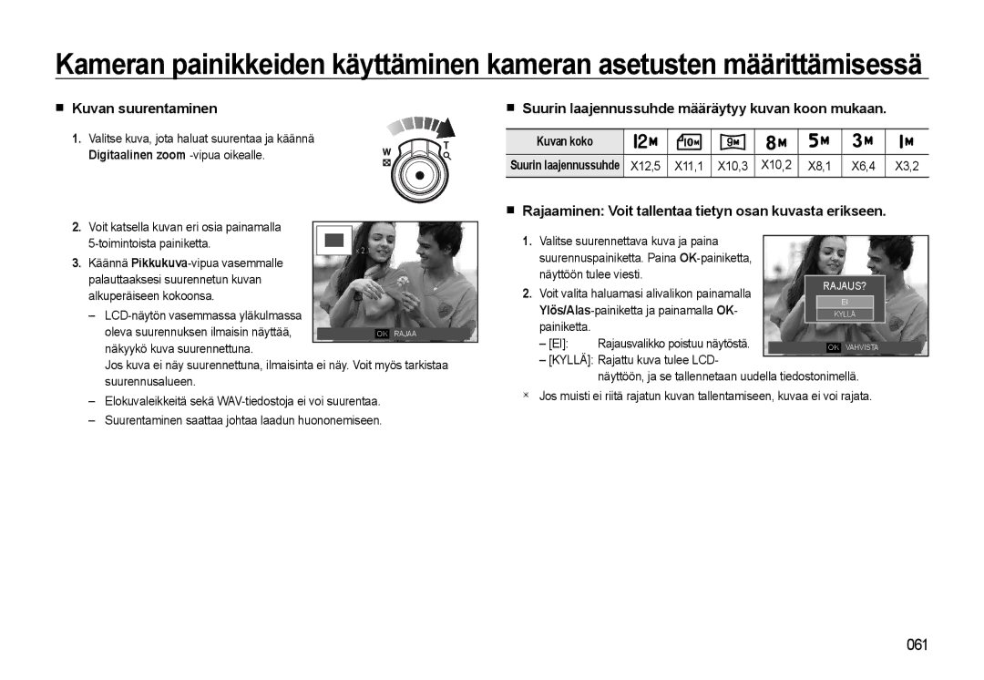 Samsung EC-WB550ABP/E2, EC-WB550BBP/E2 manual Kuvan suurentaminen, Suurin laajennussuhde määräytyy kuvan koon mukaan 