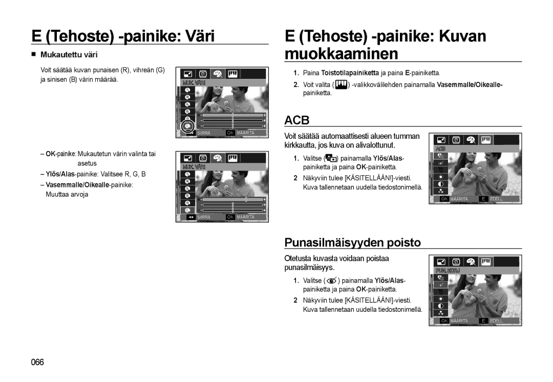 Samsung EC-WB550BBP/E2 manual Punasilmäisyyden poisto, Mukautettu väri, Otetusta kuvasta voidaan poistaa punasilmäisyys 