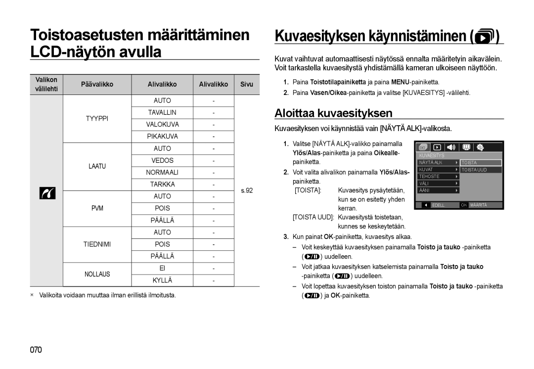 Samsung EC-WB550BBP/E2 Aloittaa kuvaesityksen, Kuvaesityksen voi käynnistää vain Näytä ALK-valikosta, Valikon, Toista 