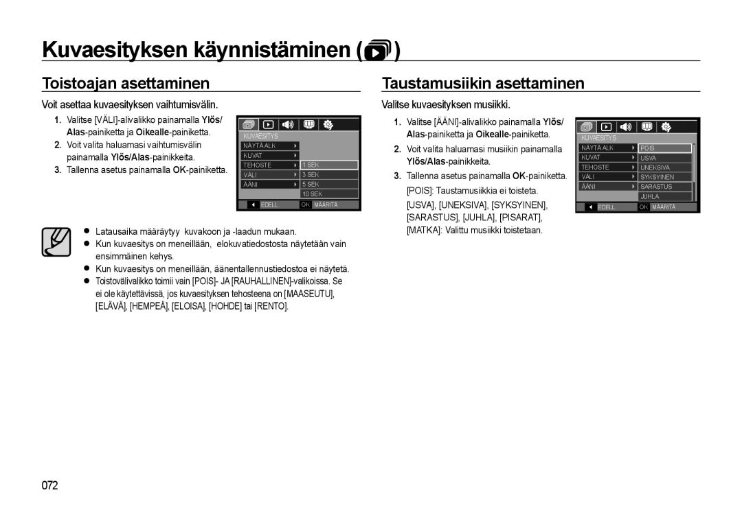 Samsung EC-WB550BBP/E2, EC-WB550ABP/E2 Toistoajan asettaminen Taustamusiikin asettaminen, Valitse kuvaesityksen musiikki 