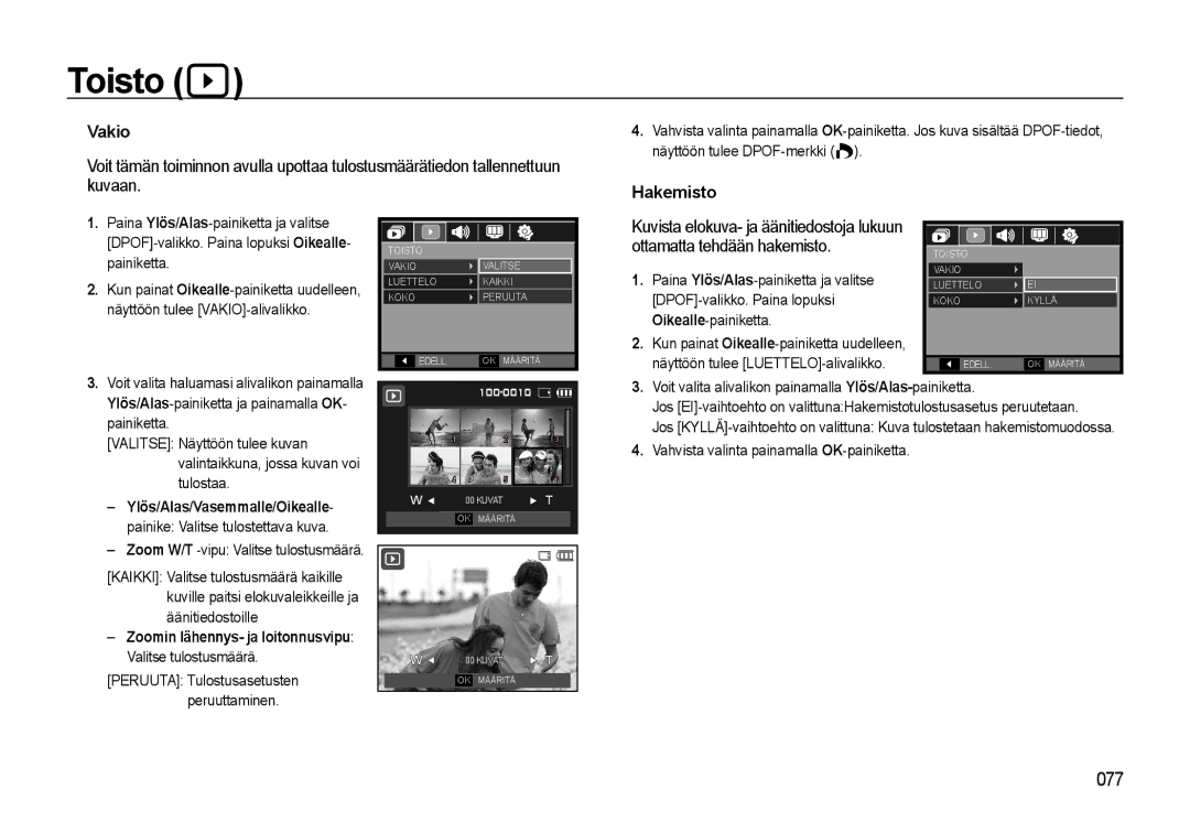 Samsung EC-WB550ABP/E2, EC-WB550BBP/E2 manual Vakio, Hakemisto, DPOF-valikko. Paina lopuksi, Oikealle-painiketta 