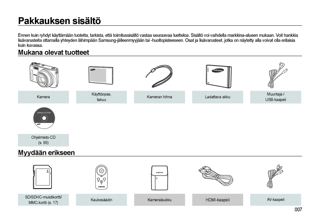 Samsung EC-WB550ABP/E2, EC-WB550BBP/E2 manual Pakkauksen sisältö, Mukana olevat tuotteet, Myydään erikseen 