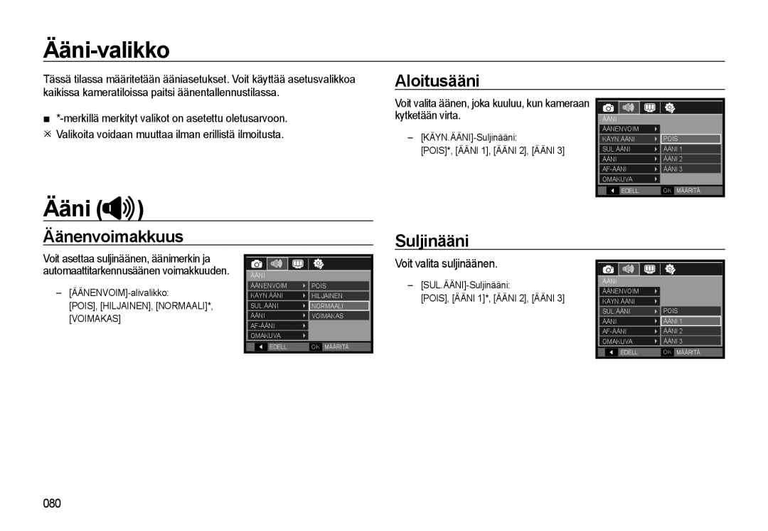 Samsung EC-WB550BBP/E2 manual Ääni-valikko, Aloitusääni, Äänenvoimakkuus Suljinääni, POIS, HILJAINEN, NORMAALI*, Voimakas 