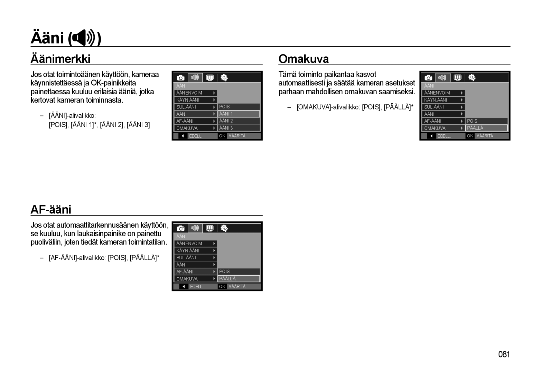 Samsung EC-WB550ABP/E2, EC-WB550BBP/E2 manual Äänimerkki Omakuva, AF-ääni, ÄÄNI-alivalikko 