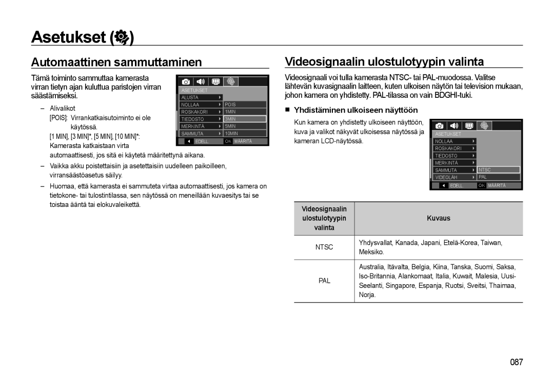 Samsung EC-WB550ABP/E2 Automaattinen sammuttaminen, Videosignaalin ulostulotyypin valinta, Yhdistäminen ulkoiseen näyttöön 