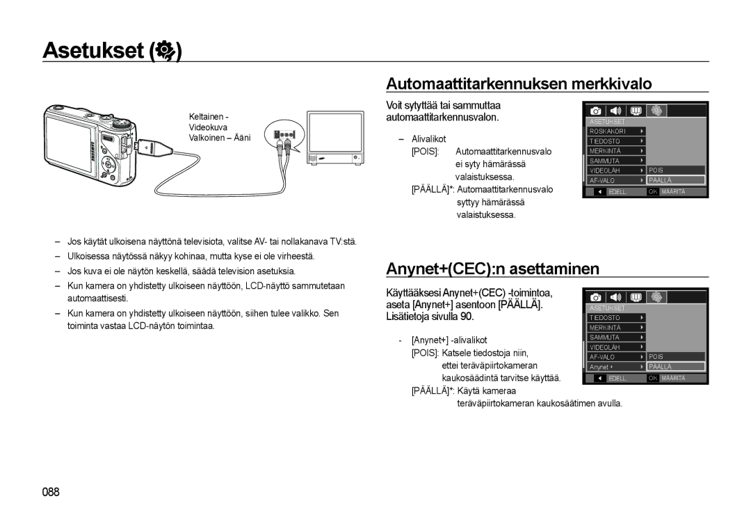 Samsung EC-WB550BBP/E2, EC-WB550ABP/E2 manual Automaattitarkennuksen merkkivalo, Anynet+CECn asettaminen 