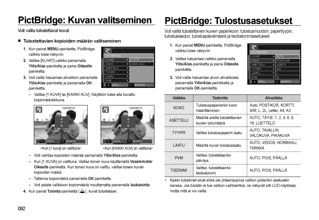 Samsung EC-WB550BBP/E2 manual PictBridge Kuvan valitseminen, PictBridge Tulostusasetukset, Voit valita tulostettavat kuvat 