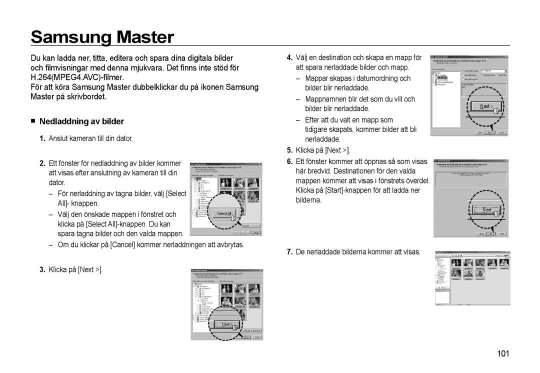 Samsung EC-WB550ABP/E2, EC-WB550BBP/E2 manual Samsung Master, Nedladdning av bilder, 101 