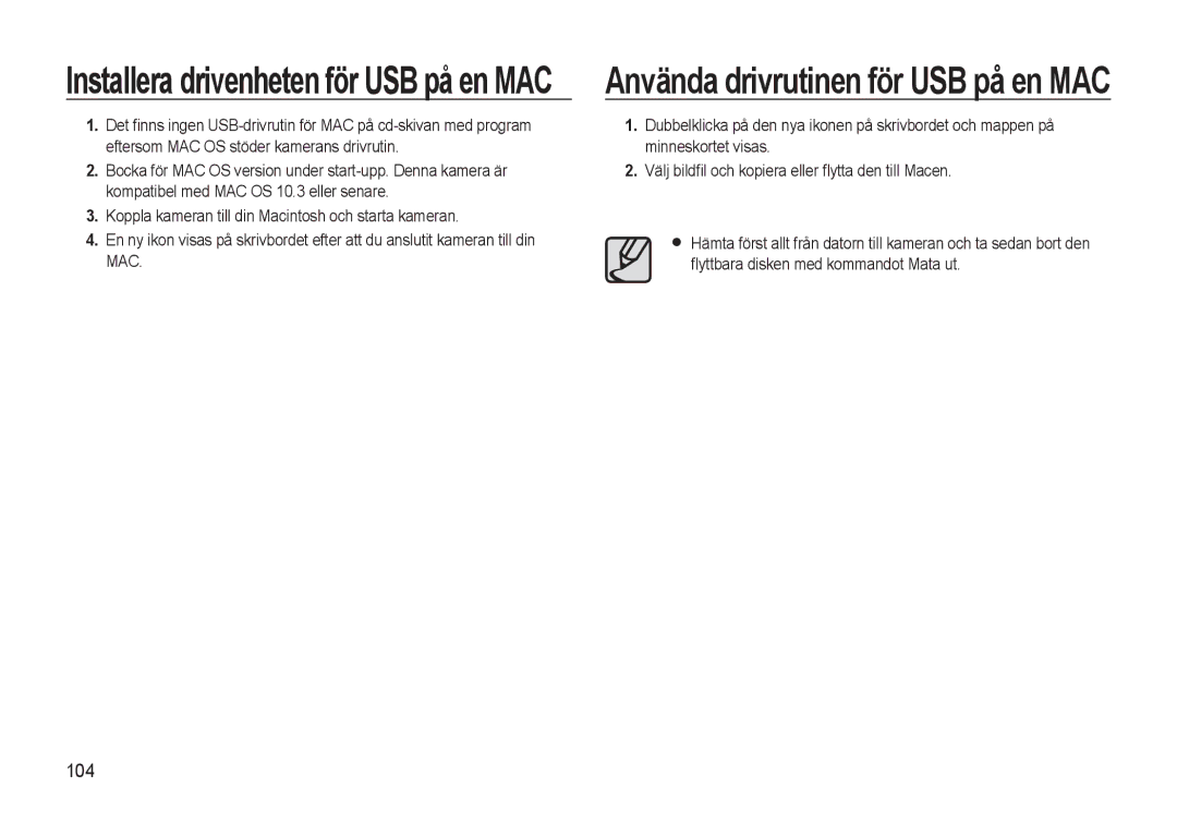 Samsung EC-WB550BBP/E2, EC-WB550ABP/E2 manual Installera drivenheten för USB på en MAC, 104 