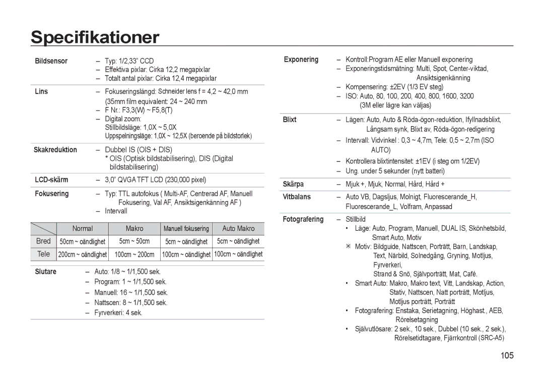 Samsung EC-WB550ABP/E2, EC-WB550BBP/E2 manual Speciﬁkationer, 105 