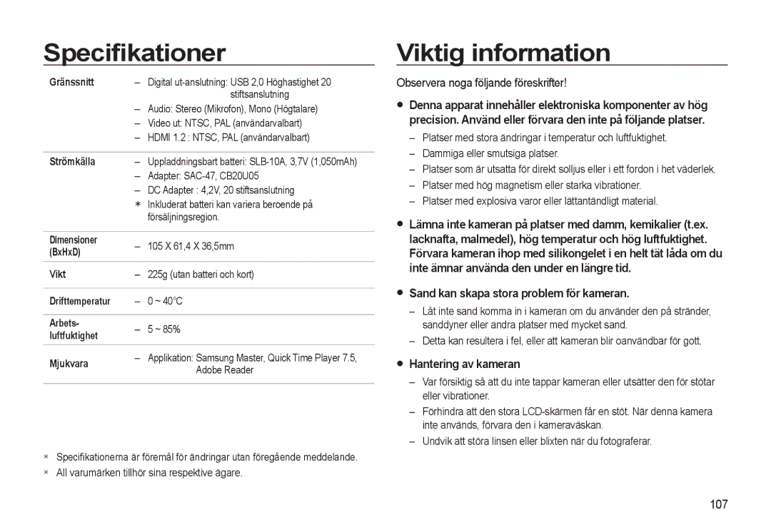 Samsung EC-WB550ABP/E2 Viktig information, Observera noga följande föreskrifter, Sand kan skapa stora problem för kameran 