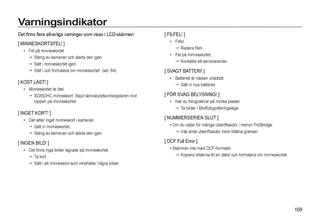 Samsung EC-WB550ABP/E2 Varningsindikator, Det ﬁnns ﬂera allvarliga varningar som visas i LCD-skärmen, DCF Full Error, 109 