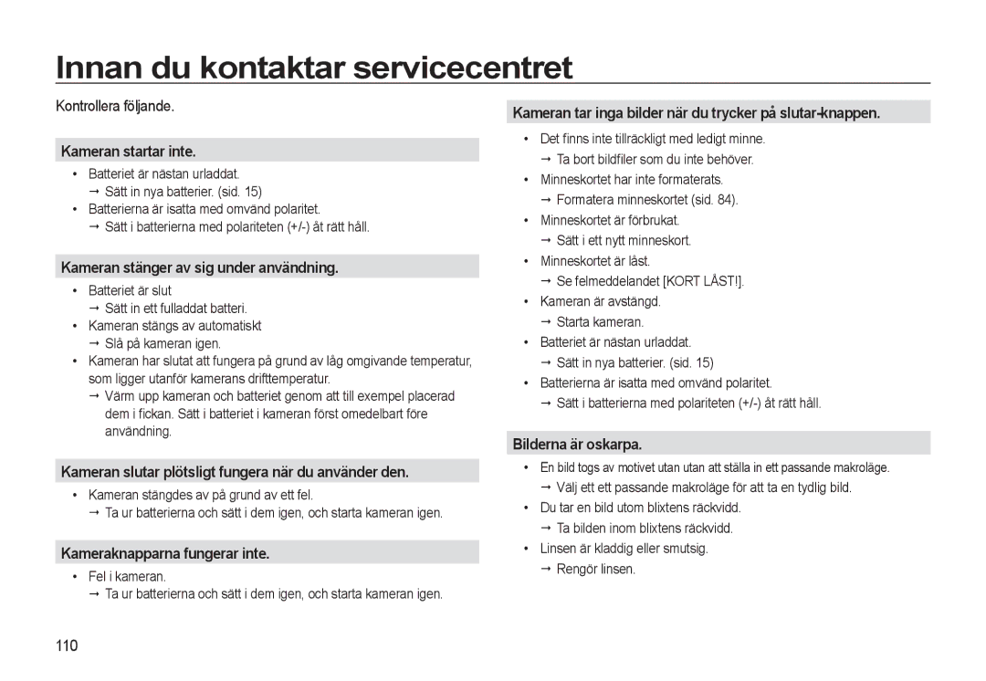 Samsung EC-WB550BBP/E2, EC-WB550ABP/E2 manual Innan du kontaktar servicecentret 