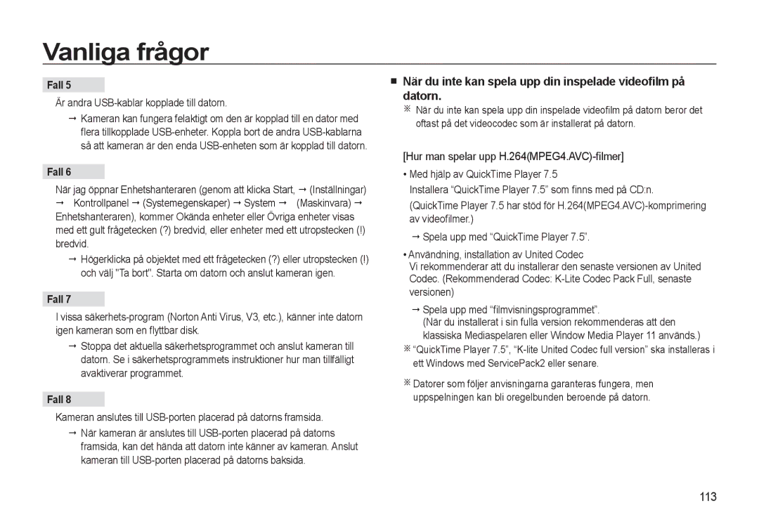 Samsung EC-WB550ABP/E2, EC-WB550BBP/E2 manual När du inte kan spela upp din inspelade videoﬁlm på datorn, 113 