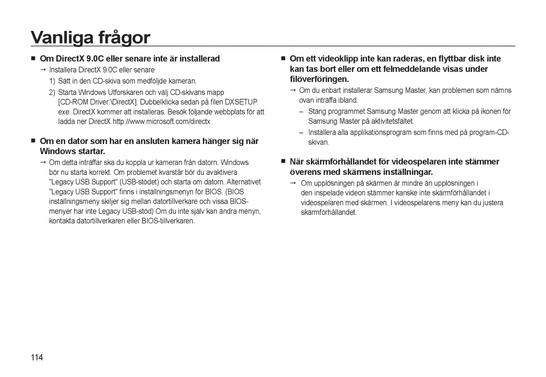 Samsung EC-WB550BBP/E2, EC-WB550ABP/E2 manual Om DirectX 9.0C eller senare inte är installerad, 114 