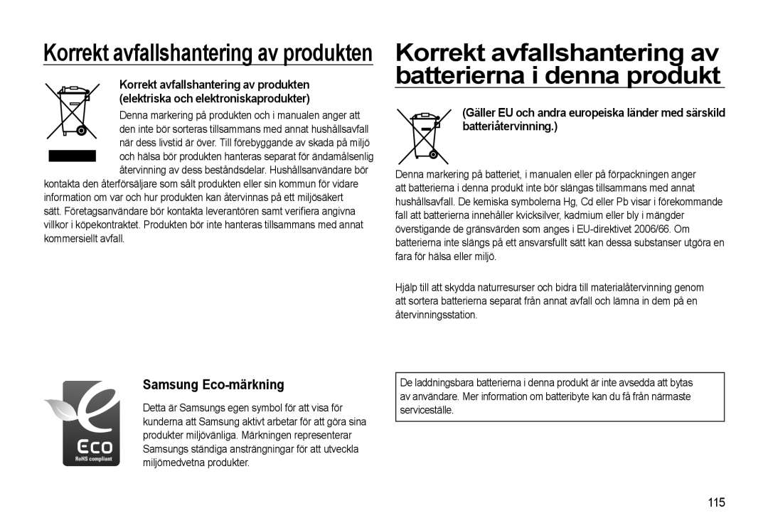 Samsung EC-WB550ABP/E2, EC-WB550BBP/E2 manual Korrekt avfallshantering av batterierna i denna produkt, 115 