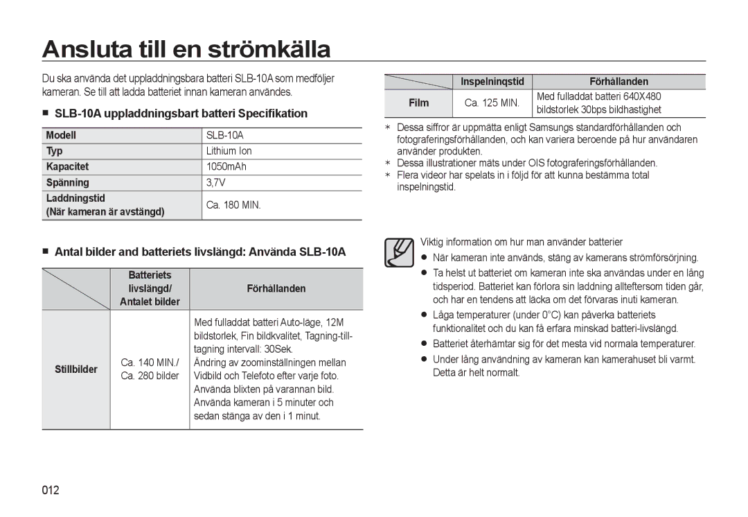 Samsung EC-WB550BBP/E2, EC-WB550ABP/E2 manual Ansluta till en strömkälla, SLB-10A uppladdningsbart batteri Speciﬁkation, 012 