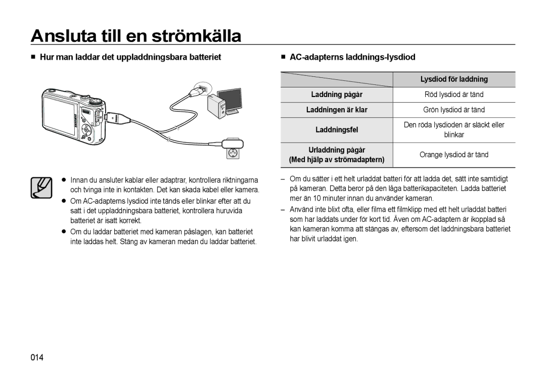 Samsung EC-WB550BBP/E2, EC-WB550ABP/E2 Hur man laddar det uppladdningsbara batteriet, AC-adapterns laddnings-lysdiod, 014 