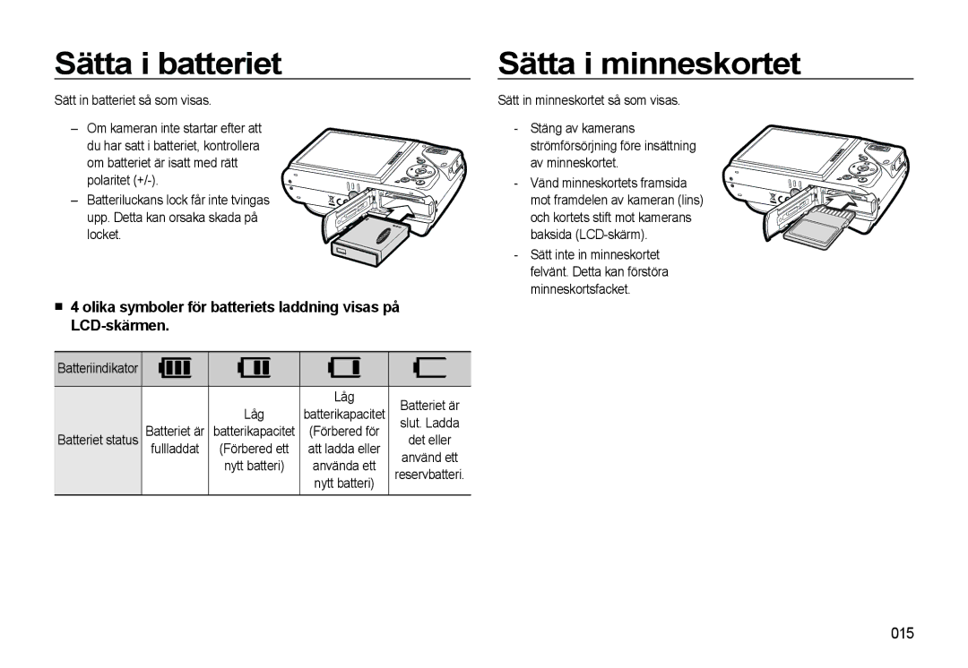 Samsung EC-WB550ABP/E2, EC-WB550BBP/E2 manual Sätta i batteriet, Sätta i minneskortet, 015 