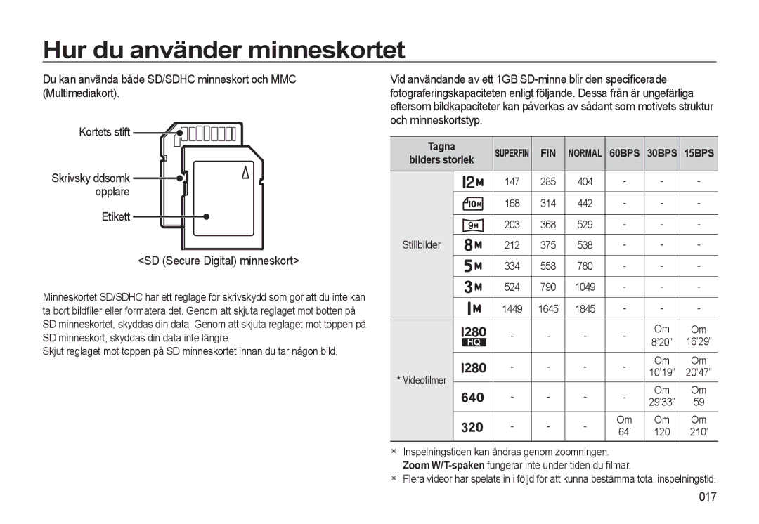 Samsung EC-WB550ABP/E2, EC-WB550BBP/E2 manual Etikett SD Secure Digital minneskort, 017, Skrivsky ddsomk opplare 