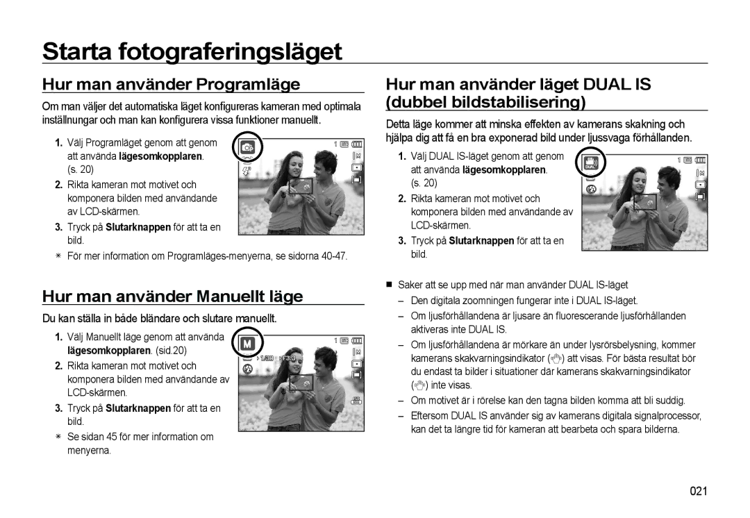 Samsung EC-WB550ABP/E2, EC-WB550BBP/E2 manual Hur man använder Programläge, Hur man använder Manuellt läge, 021 