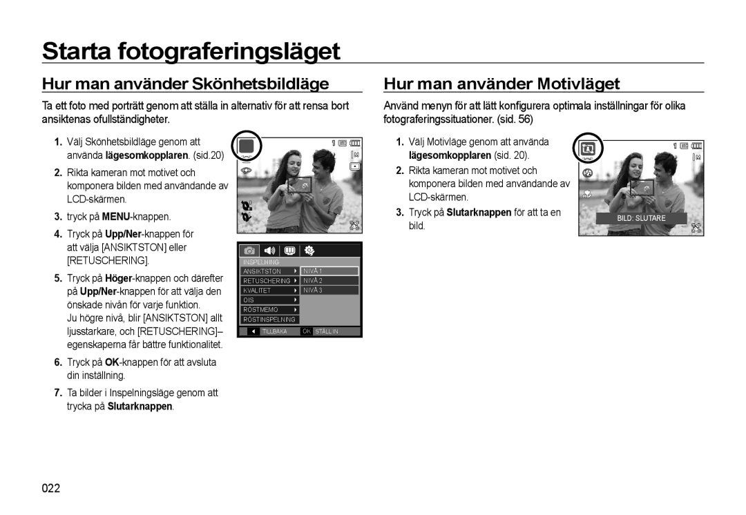 Samsung EC-WB550BBP/E2 manual Hur man använder Skönhetsbildläge, Hur man använder Motivläget, 022, Trycka på Slutarknappen 