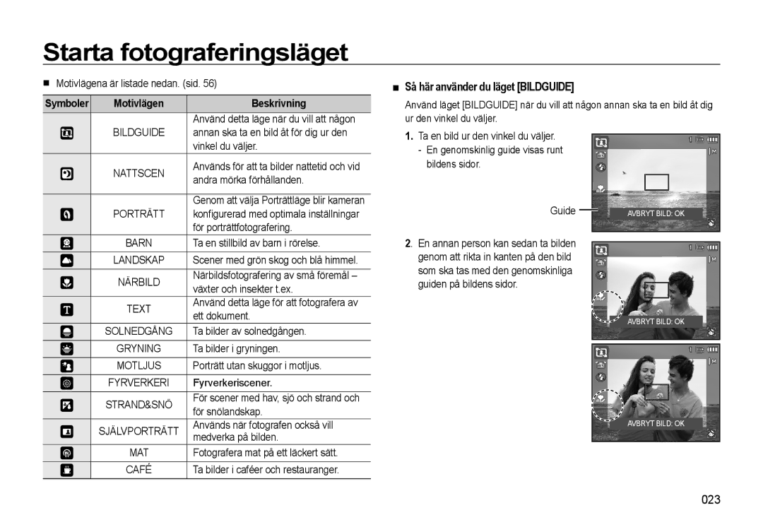 Samsung EC-WB550ABP/E2, EC-WB550BBP/E2 manual Så här använder du läget Bildguide, 023, Symboler Motivlägen Beskrivning 