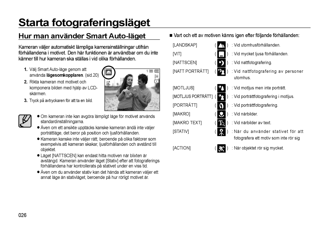 Samsung EC-WB550BBP/E2, EC-WB550ABP/E2 manual Hur man använder Smart Auto-läget, 026 