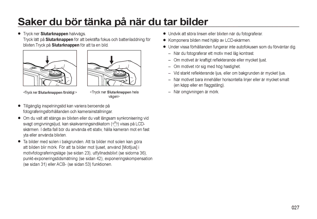 Samsung EC-WB550ABP/E2, EC-WB550BBP/E2 manual Saker du bör tänka på när du tar bilder, 027, Tryck ner Slutarknappen halvvägs 