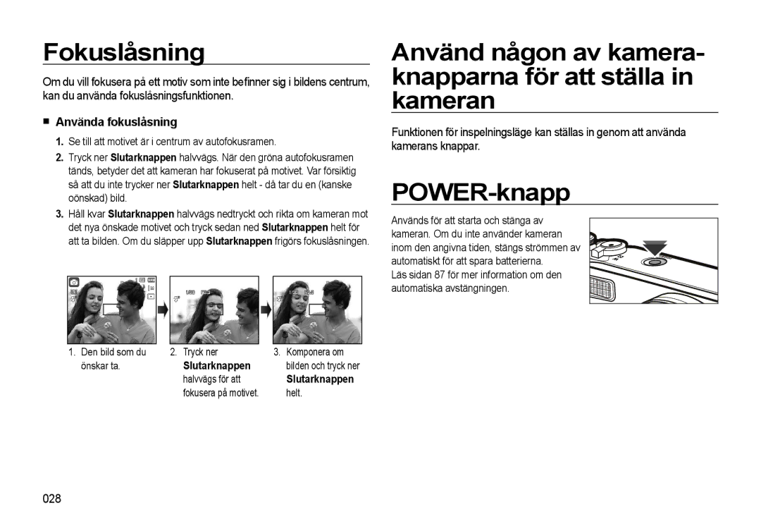 Samsung EC-WB550BBP/E2 manual Fokuslåsning, Använd någon av kamera- knapparna för att ställa in kameran, POWER-knapp, 028 