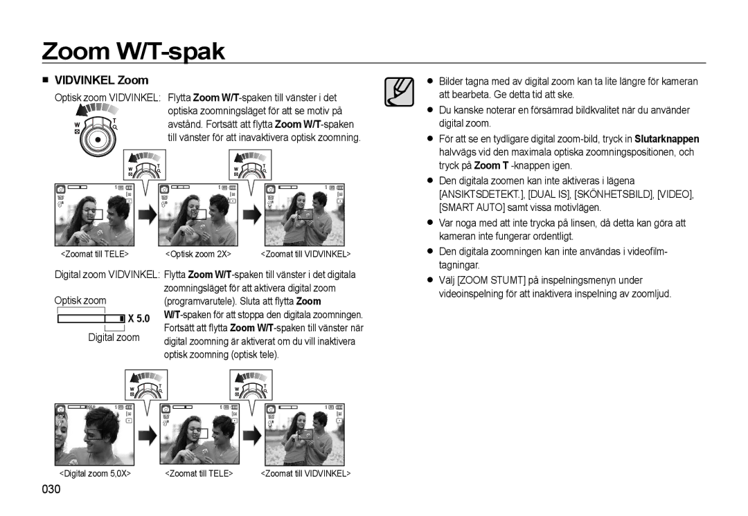 Samsung EC-WB550BBP/E2, EC-WB550ABP/E2 manual Vidvinkel Zoom, 030, Optisk zoom Digital zoom 