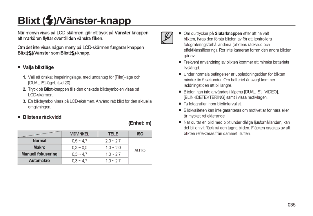 Samsung EC-WB550ABP/E2, EC-WB550BBP/E2 manual Blixt /Vänster-knapp, Välja blixtläge, Blixtens räckvidd Enhet m, 035 