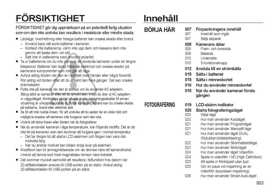 Samsung EC-WB550ABP/E2, EC-WB550BBP/E2 manual Innehåll 