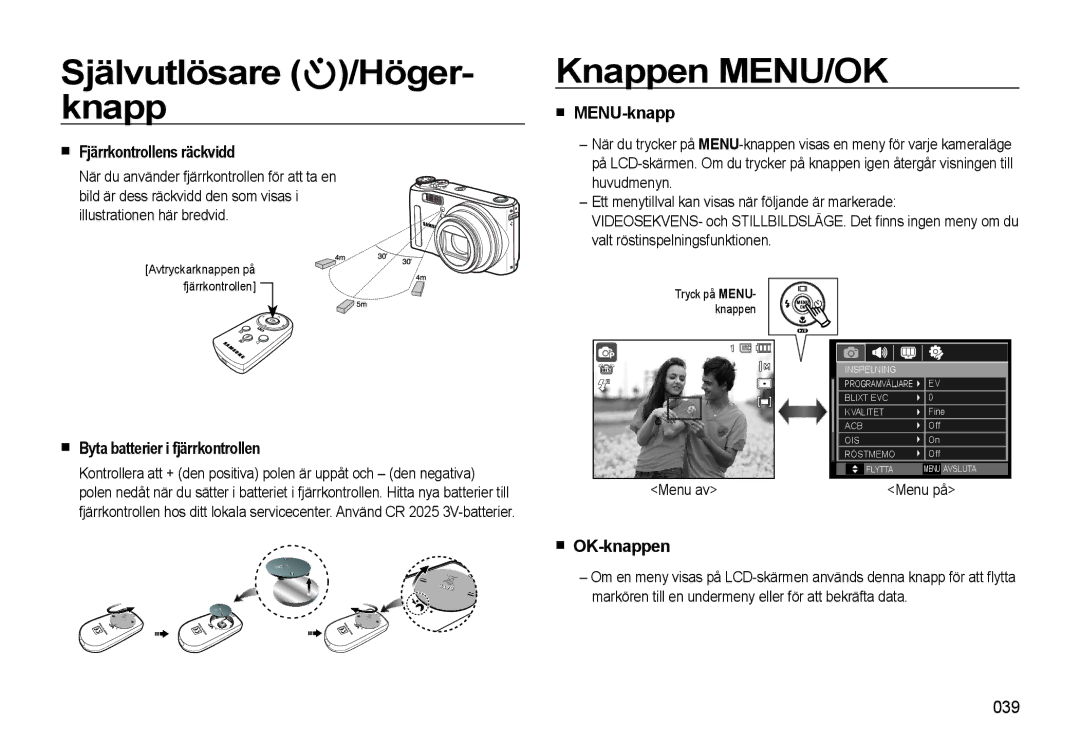 Samsung EC-WB550ABP/E2, EC-WB550BBP/E2 manual Självutlösare /Höger- knapp, Knappen MENU/OK 